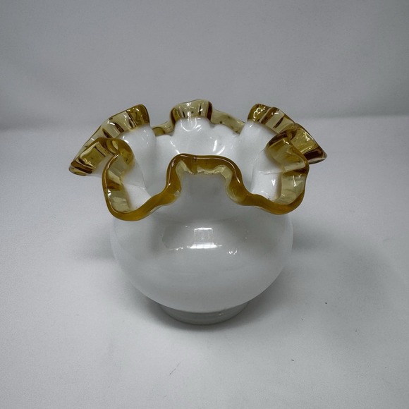 Unmarked Other - Fenton Gold Crest Glass Vase with Amber Ruffled Rim, 5 in Tall  Vintage
